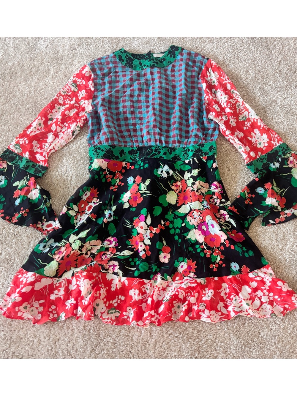 RIXO Mixed Print Long Sleeve Mini Dress